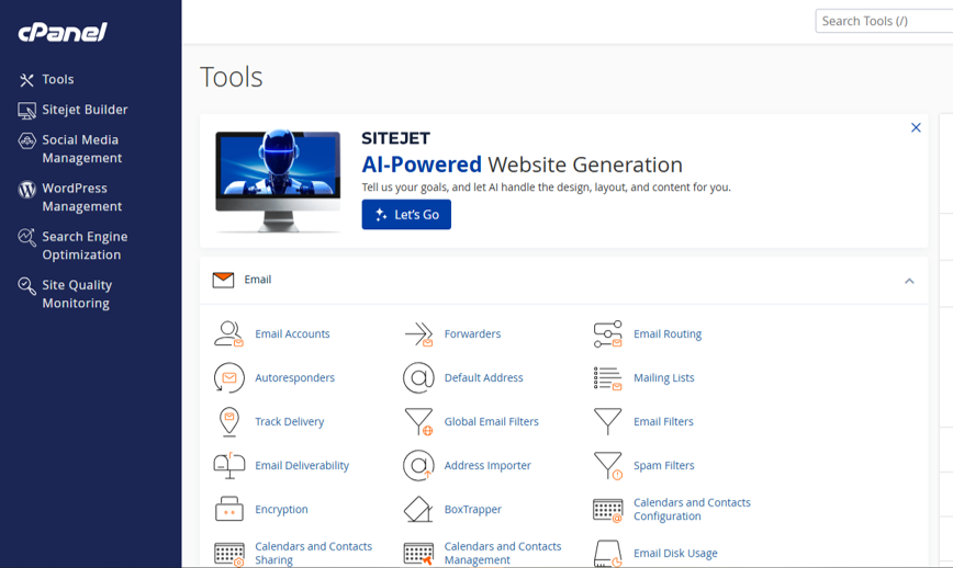 Tablero de cPanel con las herramientas y la informacion general de la cuenta