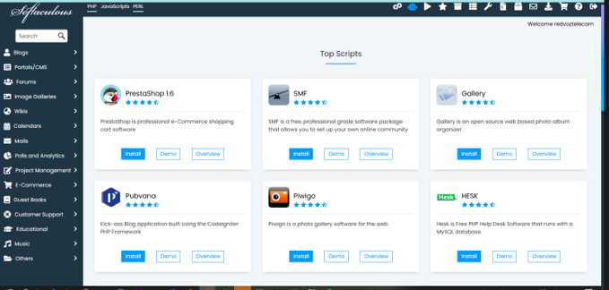 Softaculous con los scripts mas populares como WordPress y PrestaShop para instalar con un clic