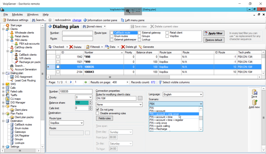 Panel del serveur VoipSwitch con el plan de marcado y los scénarios PIN de calling cards