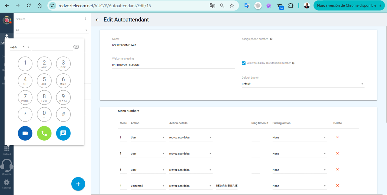 Lista de recepcionistas automáticas (IVR) configuradas