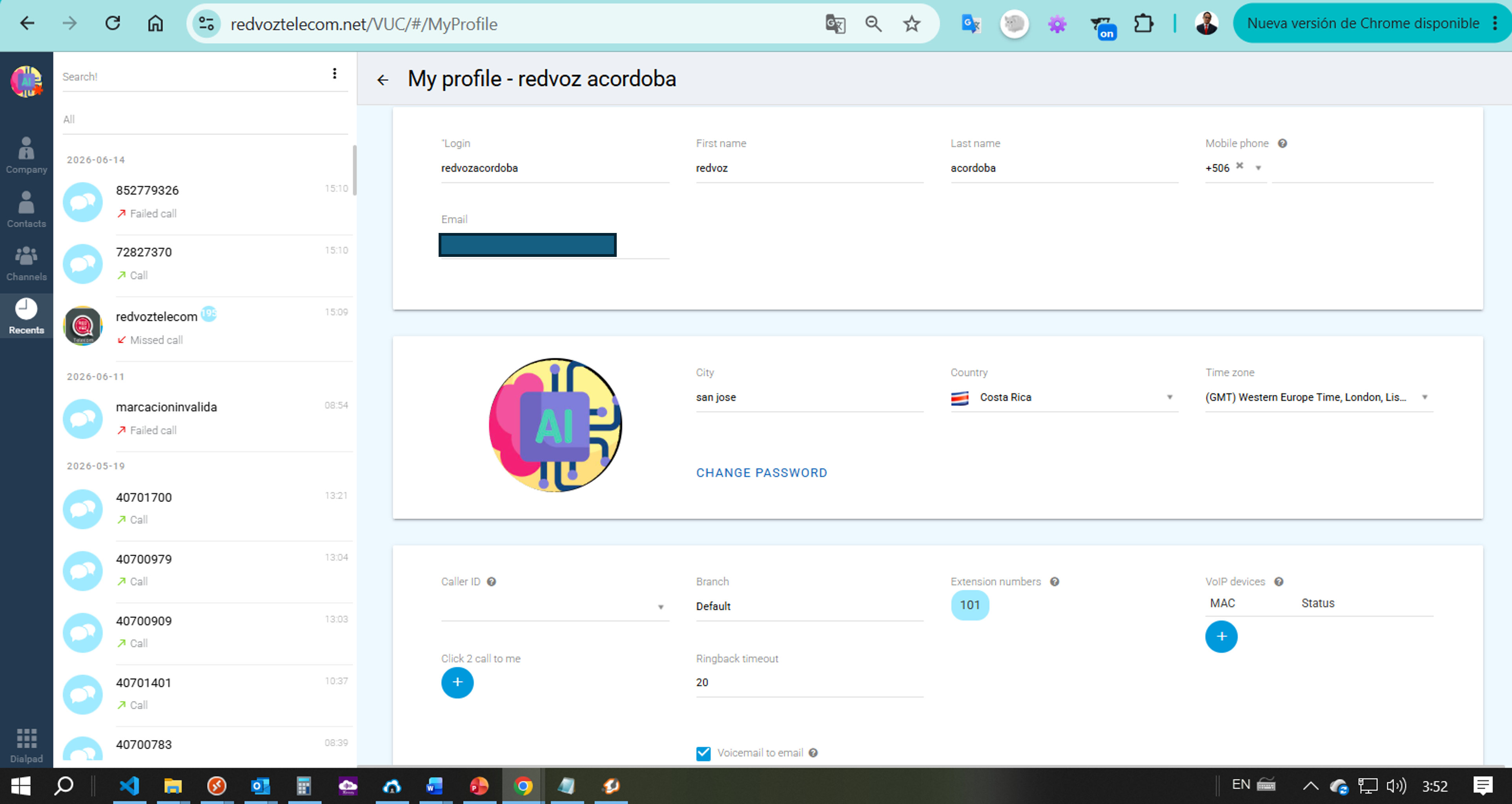 Pantalla My profile del panel PBX con datos del identifiant y la extension