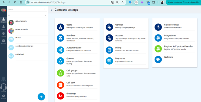 Pantalla de ajustes de la empresa con todas las tarjetas de configuración