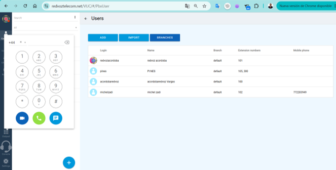 Lista de usuarios y extensiones con los botones Add, Import y Branches