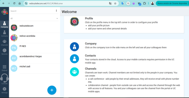 Tablero de bienvenida del panel PBX con el menú lateral