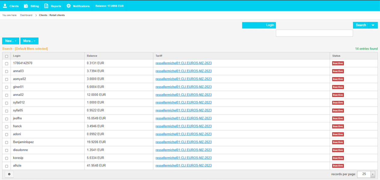 Tabla de clientes Retail del Reseller con login, balance, tarif y estado