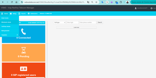 Tablero del Reseller VSM3 con balance, conectados, pendientes y identifiants SIP