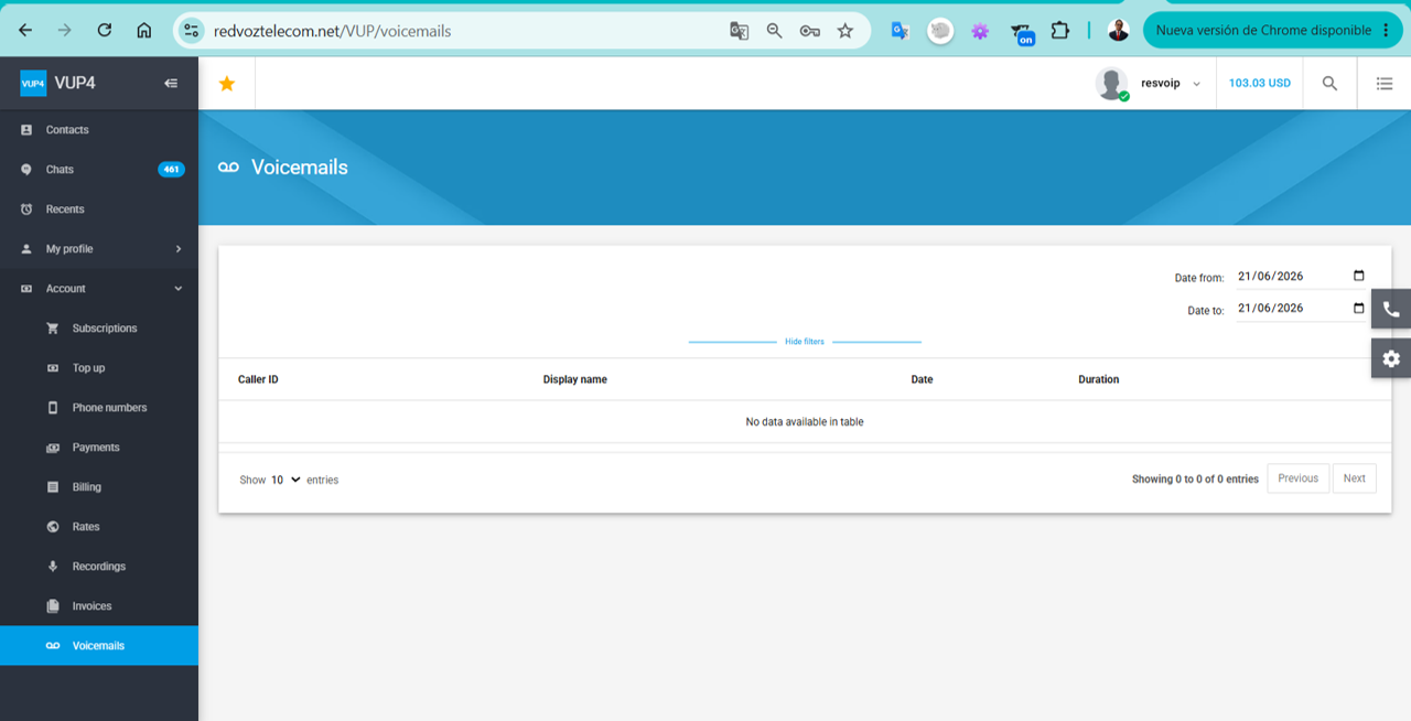 Pantalla Voicemails del panel Retail con el menu Account desplegado