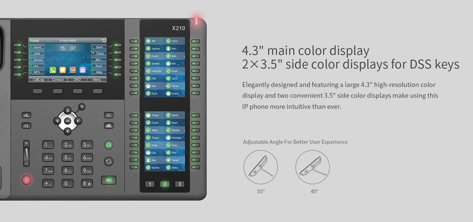 13589-1rm4lx Teléfono VoIP X210 para empresas, pantalla a Color de 4,3 pulgadas, dos pantallas laterales de 3,5 pulgadas para teclas DSS, 20 líneas SIP, puerto Dual Gigabit