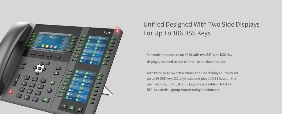 13589-ekon6v Teléfono VoIP X210 para empresas, pantalla a Color de 4,3 pulgadas, dos pantallas laterales de 3,5 pulgadas para teclas DSS, 20 líneas SIP, puerto Dual Gigabit