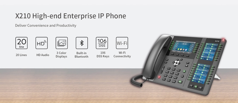 13589-z5rm28 Teléfono VoIP X210 para empresas, pantalla a Color de 4,3 pulgadas, dos pantallas laterales de 3,5 pulgadas para teclas DSS, 20 líneas SIP, puerto Dual Gigabit