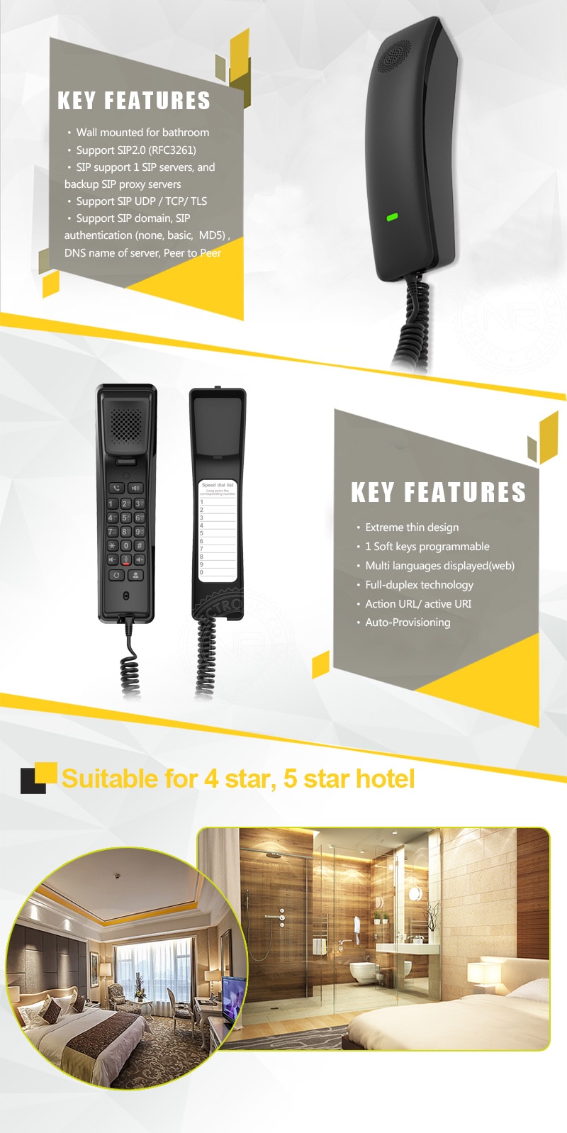13779-uobxu8 VoIP-teléfono SIP montado en la pared, accesorio para baño, Hotel, sala de baño, soporte PoE