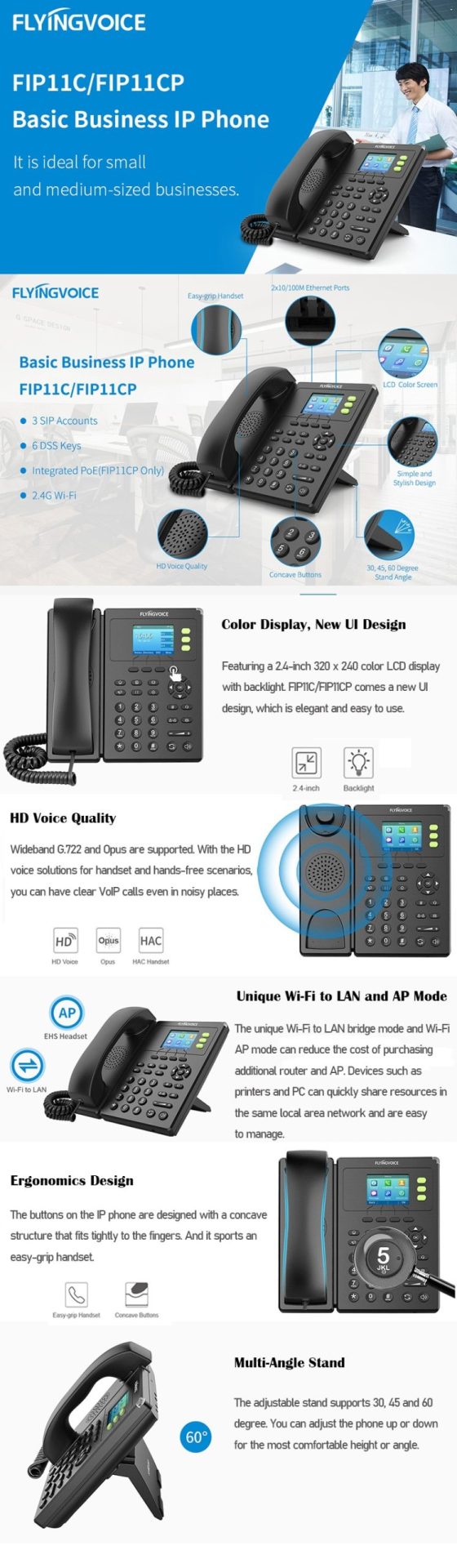 13799-6kr8cq-scaled FlyingVoice-teléfono inteligente con WiFi, dispositivo fijo sin POE, adaptador de escritorio, para negocios, FIP11C, 3 líneas Sip