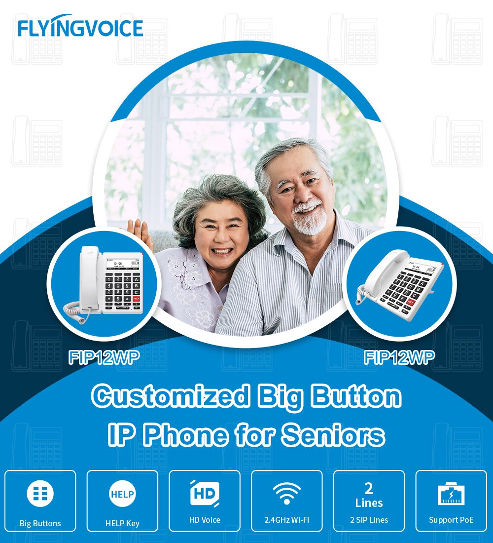 13844-egqvft FlyingVoice-teléfono IP de 2 líneas con pantalla de 3,5 pulgadas, dispositivo con botón grande diseñado para personas mayores, compatible con conexión de red cableada e inalámbrica, FIP12WP