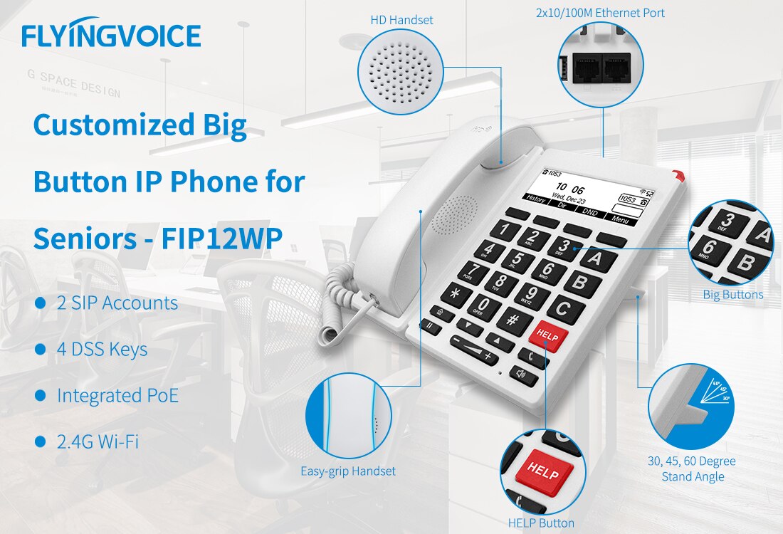 13844-qw5rdx FlyingVoice-teléfono IP de 2 líneas con pantalla de 3,5 pulgadas, dispositivo con botón grande diseñado para personas mayores, compatible con conexión de red cableada e inalámbrica, FIP12WP