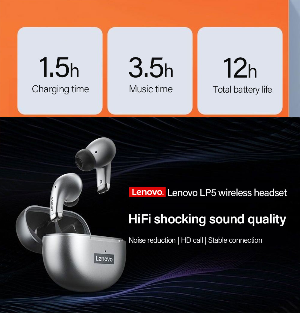 13919-2qoukb Lenovo-auriculares inalámbricos con Bluetooth 5,0, dispositivo de audio estéreo 9D, impermeable, HiFi, para música, para iPhone y Xiaomi, Original, LP5