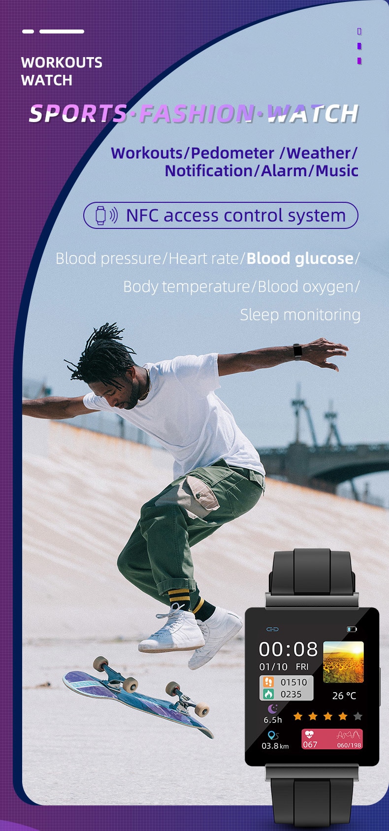 13957-nngfud KS01-reloj inteligente para medir la glucosa en sangre, pulsera con control del ritmo cardíaco y de la temperatura corporal, resistente al agua, gran oferta