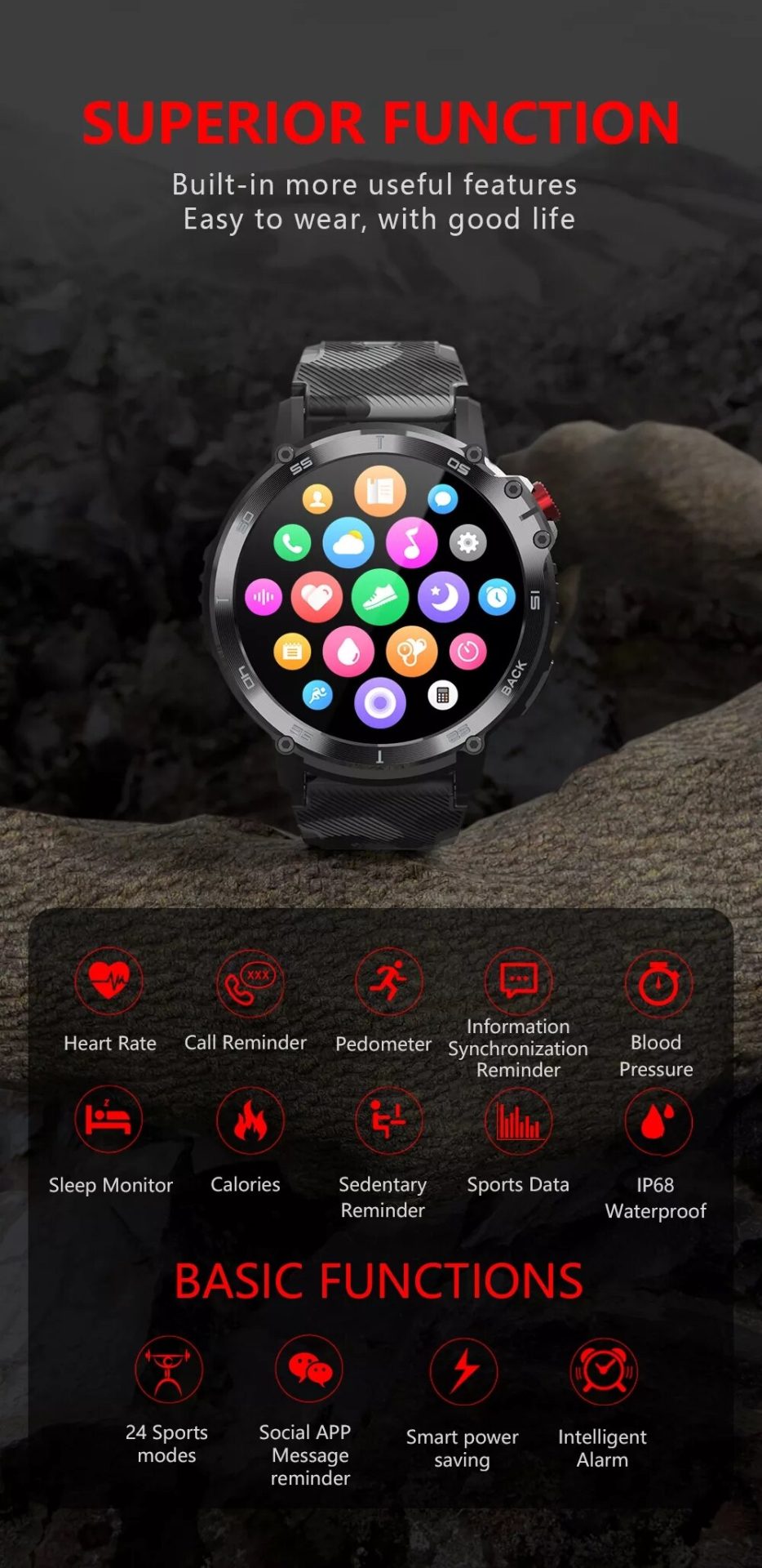 14151-hv6csj Reloj inteligente C22 para hombre, pulsera deportiva con Bluetooth, llamadas, pantalla HD de 1,6 pulgadas, Memoria 4G, 400mAh, control del ritmo cardíaco