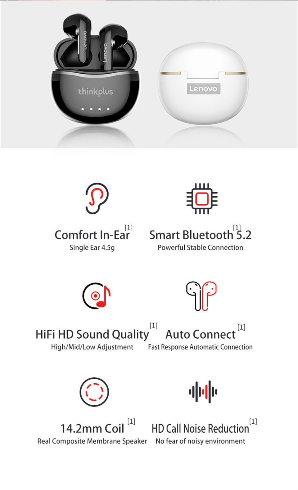 14300-txvxiy Lenovo X16 Auriculares Inalámbricos con Bluetooth y Micrófono, Cascos de Música de Alta Fidelidad, Audífonos Deportivos, Caja de Carga de 300mAh