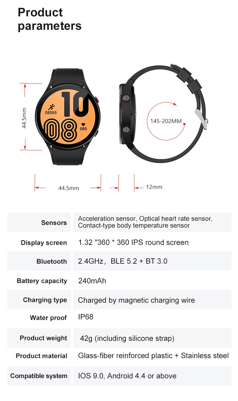 14385-nsdkcm Reloj inteligente para hombre y mujer, pulsera completamente con pantalla táctil, resistente al agua IP68, con Dial personalizado y temperatura corporal, para Samsung Galaxy 4