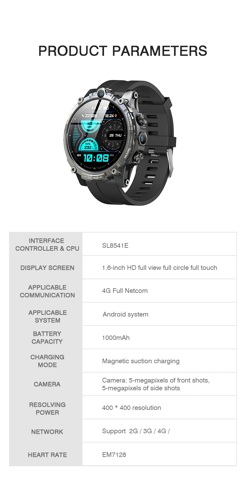 14415-qpfdqn Reloj inteligente V20MAX para hombre y mujer, dispositivo con pantalla redonda, 4G, Netcom, 128G, Android OS, descarga, aplicación, videojuego, SIM, llamada, cámara de ritmo cardíaco para Xiaomi