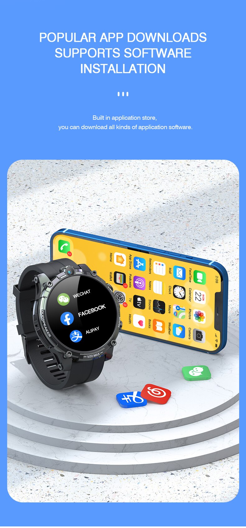 14415-ze1gkb Reloj inteligente V20MAX para hombre y mujer, dispositivo con pantalla redonda, 4G, Netcom, 128G, Android OS, descarga, aplicación, videojuego, SIM, llamada, cámara de ritmo cardíaco para Xiaomi