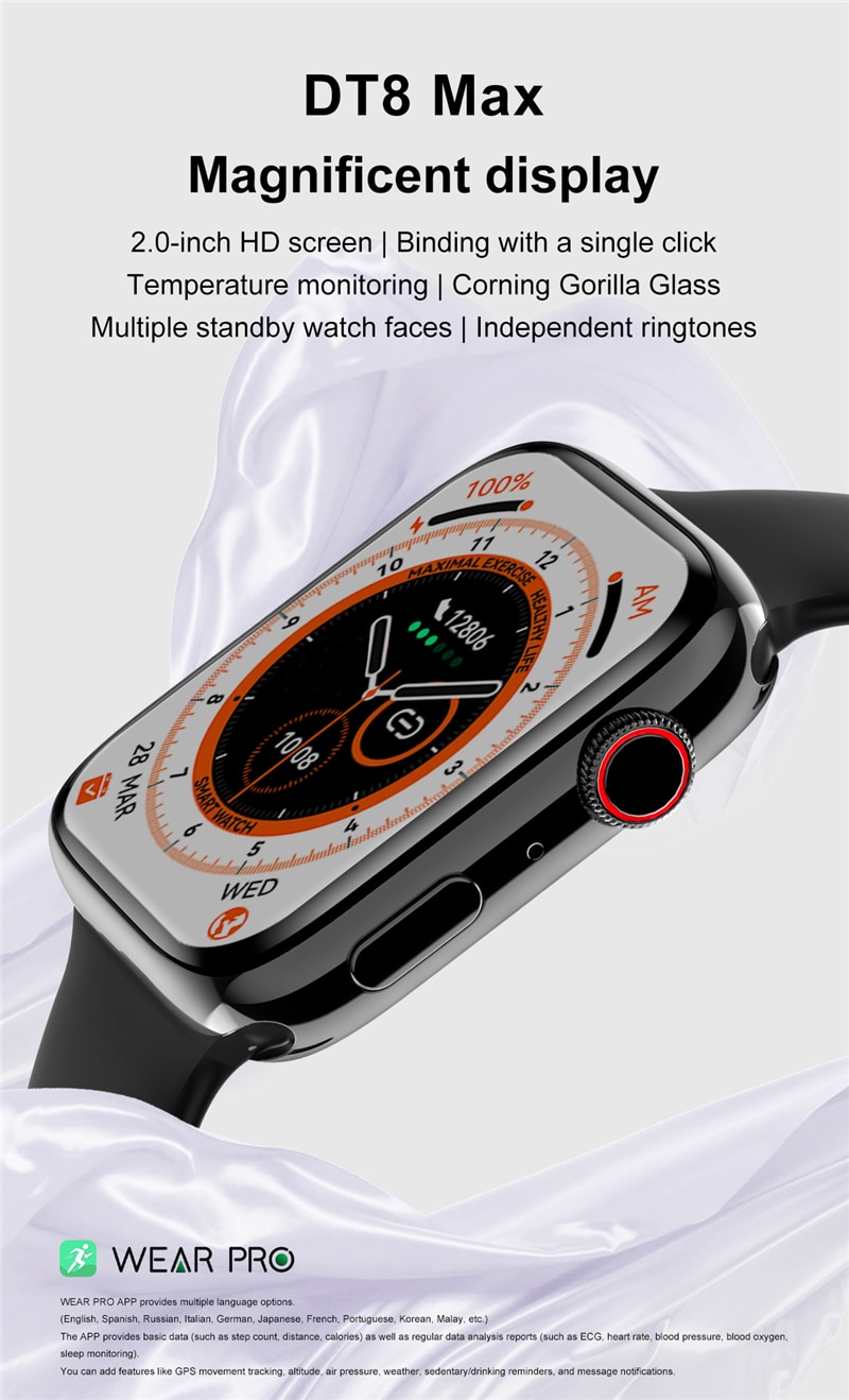 14474-g37svn Reloj inteligente DT8 MAX para hombre y mujer, pulsera con pantalla infinita de 45mm y 2,0 pulgadas, Bluetooth, llamadas, carga inalámbrica, NFC, serie IWO 8