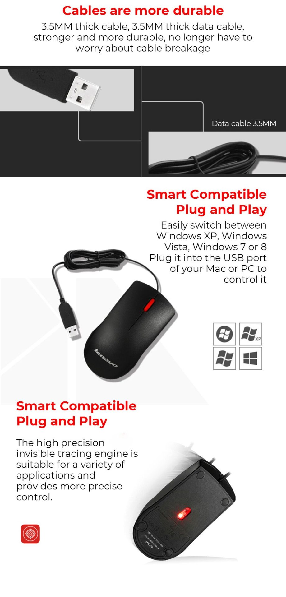 14564-w44rdv Lenovo-ratón con cable USB M120/120 Pro para ordenador portátil, accesorio Universal para Juegos de oficina