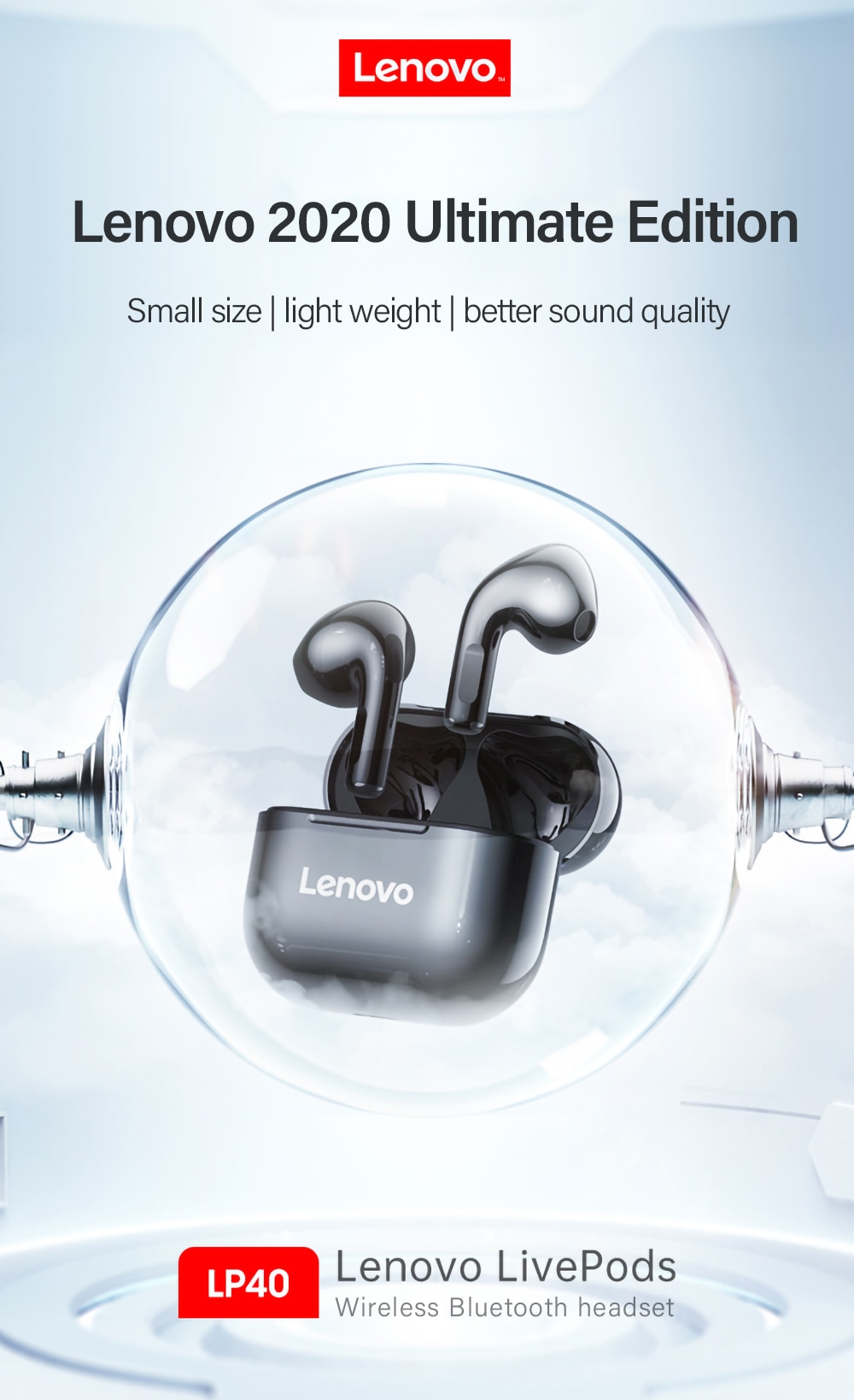 15525-khhjid Lenovo-auriculares lp40 con Bluetooth 5,0, dispositivo de audio envolvente, de alta fidelidad, TWS, con micrófono y control táctil, 2/5/10 unidades