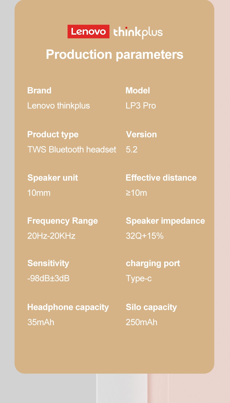 15617-ijrcr6 Lenovo-auriculares inalámbricos LP3 Pro, audífonos con Bluetooth 100%, HiFi estéreo, reducción de ruido, Control táctil, 5,2 mAH, 250 originales, novedad de 2022
