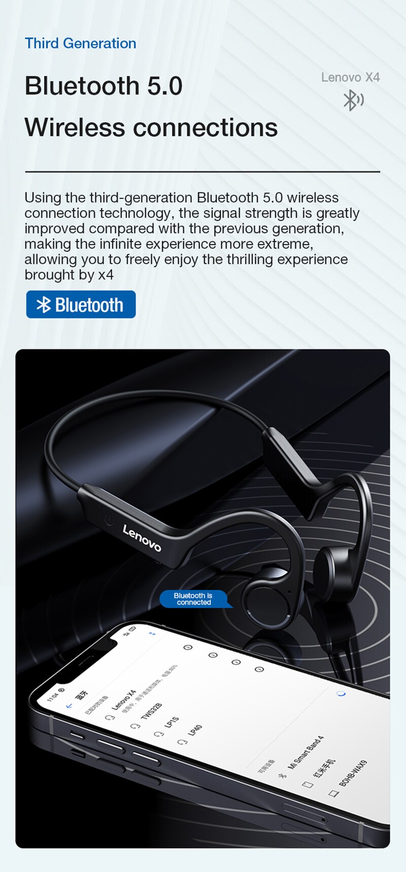 15639-rt4iwk Lenovo-auriculares inalámbricos X4 de conducción ósea, cascos con Bluetooth, banda para el cuello, deportivos, resistentes al agua, nuevo diseño, 2021