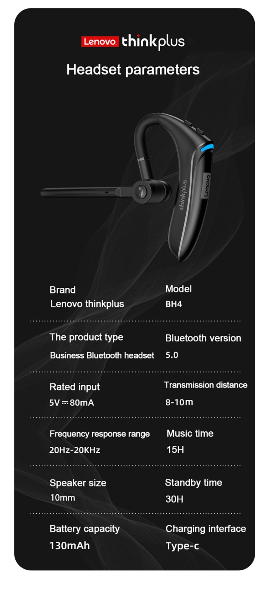 15789-nt2nkj Lenovo-auriculares inalámbricos BH4 para teléfono móvil, audífonos estéreo con micrófono, manos libres, cancelación de ruido, para negocios