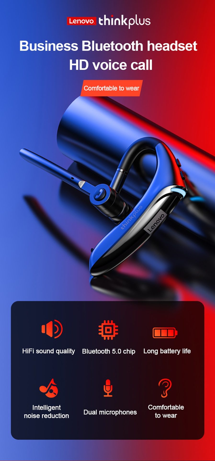 15789-xrhixt Lenovo-auriculares inalámbricos BH4 para teléfono móvil, audífonos estéreo con micrófono, manos libres, cancelación de ruido, para negocios