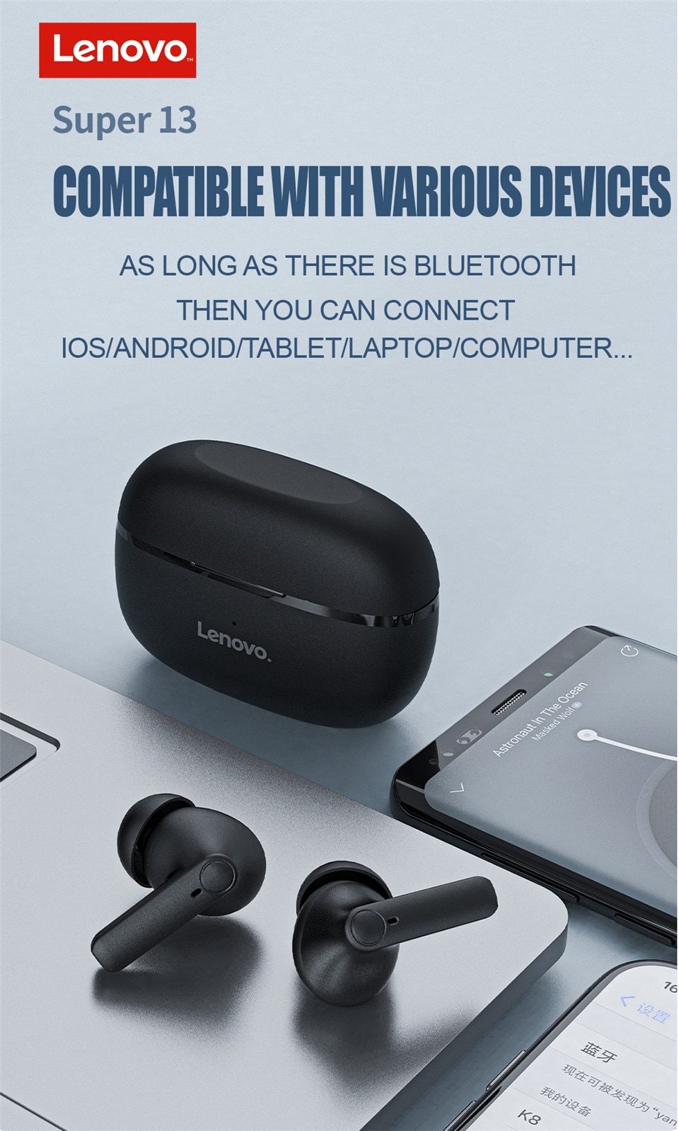 15821-o5tnqa Lenovo-auriculares inalámbricos HT05 TWS con Bluetooth, cascos deportivos estéreo con micrófono y Control táctil, originales