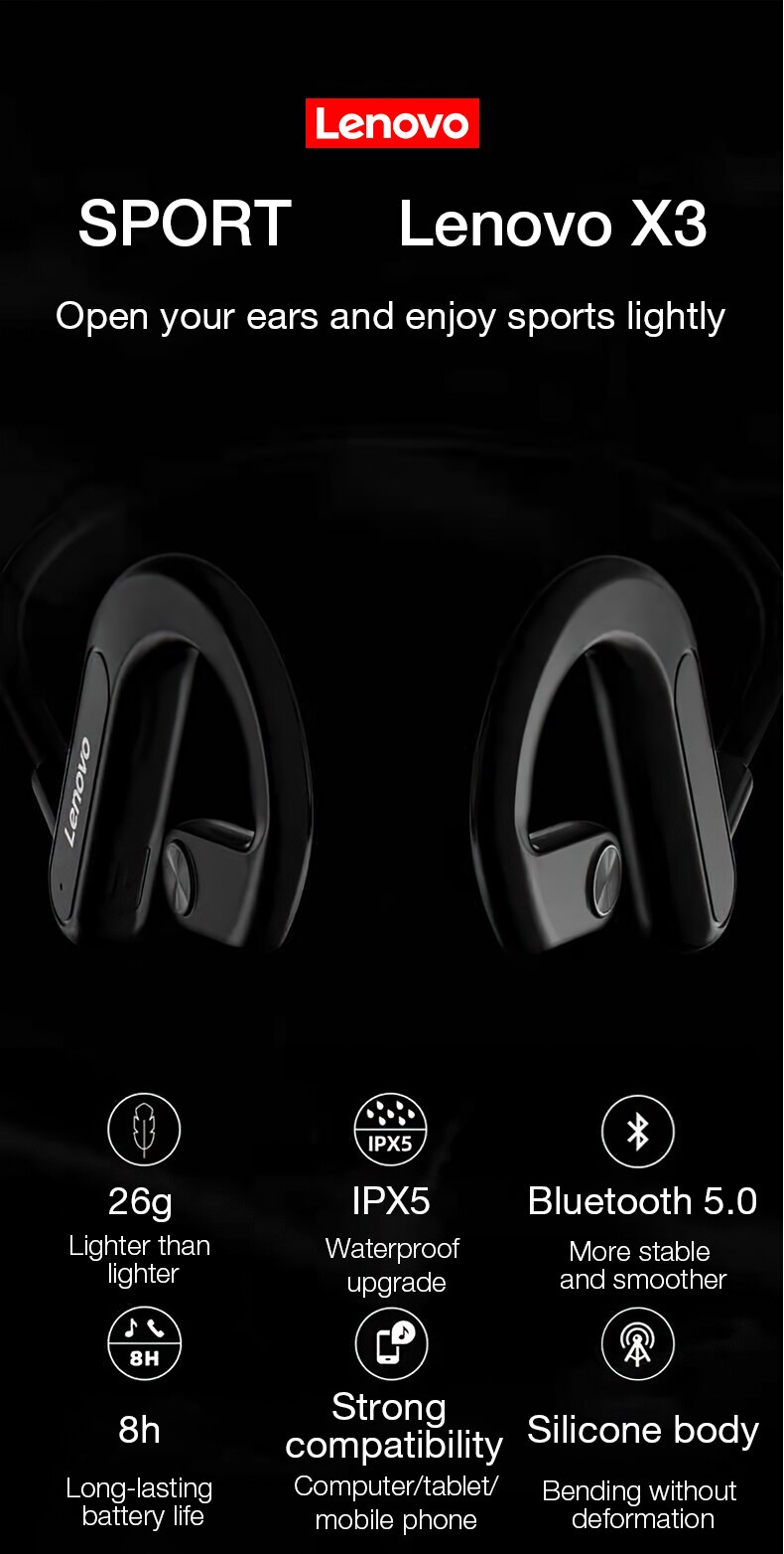 15838-tc4sic Lenovo-auriculares inalámbricos X3 con Bluetooth, cascos deportivos para correr, impermeables, con micrófono, para ciclismo y conducción
