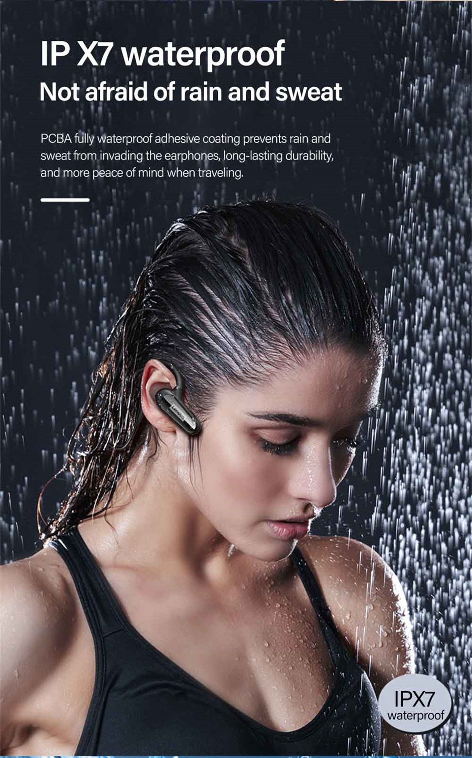 15880-vdkasq Lenovo-auriculares inalámbricos XE06 con Bluetooth, cascos impermeables IPX7 con banda para el cuello y Micrófono Dual para deportes, correr, Fitness y Yoga