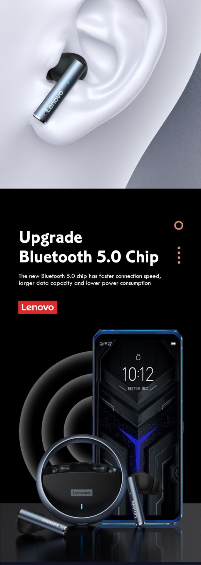 15913-jacaj1 Lenovo-auriculares inalámbricos LP60 con Bluetooth, dispositivo de audio TWS para juegos, giratorio, con anillo de cavidad de Metal, sonido estéreo HiFi, baja latencia