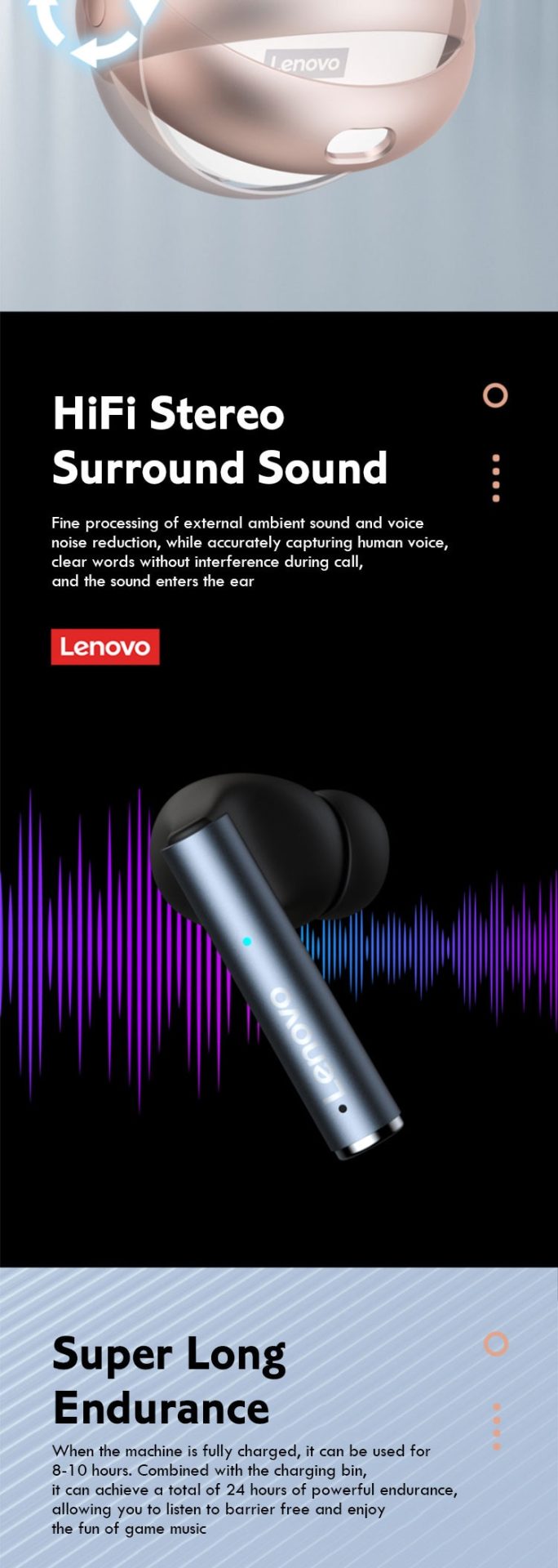 15913-ju4qvf Lenovo-auriculares inalámbricos LP60 con Bluetooth, dispositivo de audio TWS para juegos, giratorio, con anillo de cavidad de Metal, sonido estéreo HiFi, baja latencia