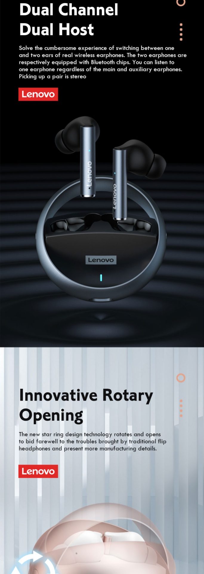 15913-nydmkn Lenovo-auriculares inalámbricos LP60 con Bluetooth, dispositivo de audio TWS para juegos, giratorio, con anillo de cavidad de Metal, sonido estéreo HiFi, baja latencia