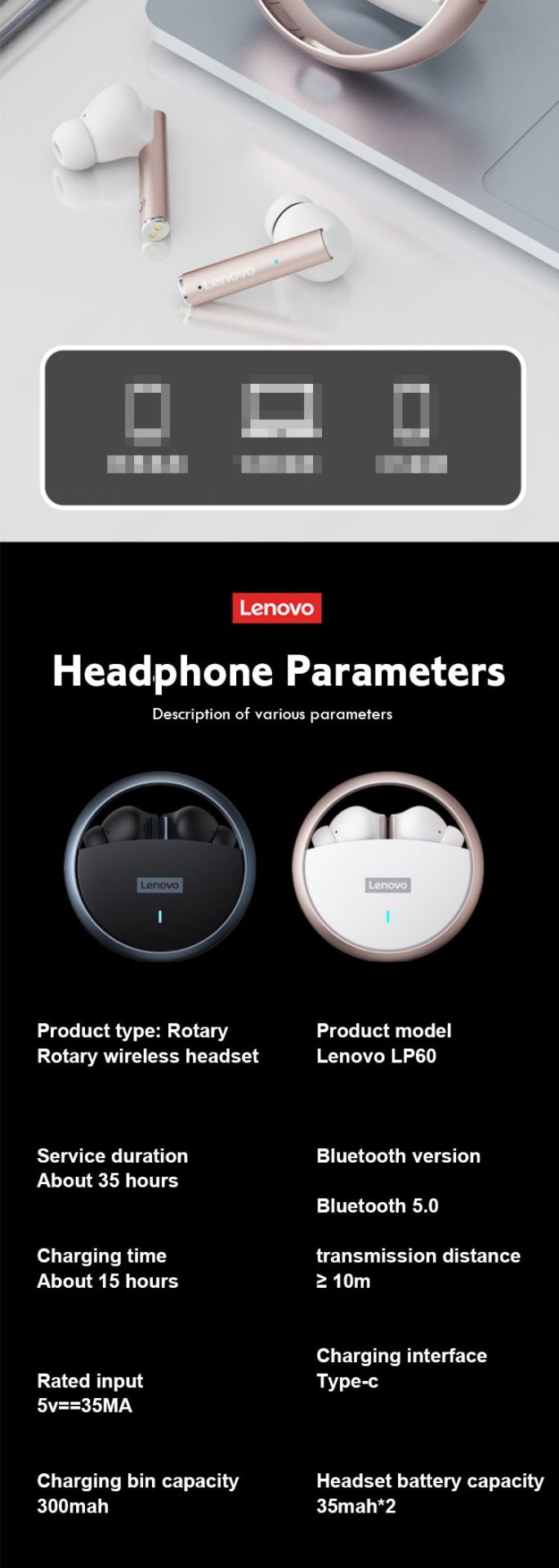 15913-r7lyv6 Lenovo-auriculares inalámbricos LP60 con Bluetooth, dispositivo de audio TWS para juegos, giratorio, con anillo de cavidad de Metal, sonido estéreo HiFi, baja latencia