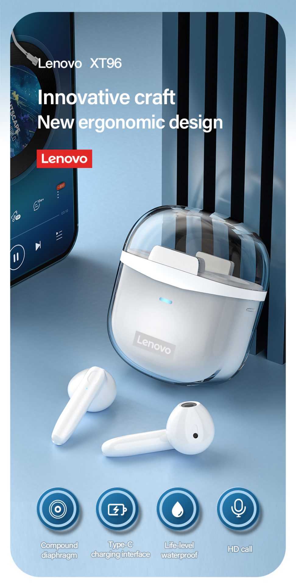 15930-88bdex Lenovo-auriculares inalámbricos XT96 con Bluetooth 5,1, dispositivo de audio estéreo HiFi con TWS, Control táctil, llamada HD, Auriculares deportivos para juegos con micrófono