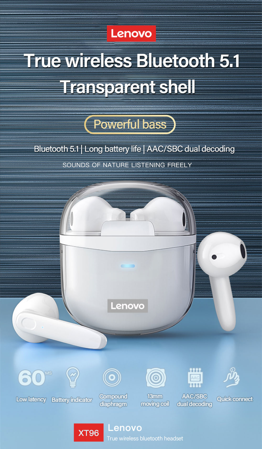 15930-newzkp Lenovo-auriculares inalámbricos XT96 con Bluetooth 5,1, dispositivo de audio estéreo HiFi con TWS, Control táctil, llamada HD, Auriculares deportivos para juegos con micrófono