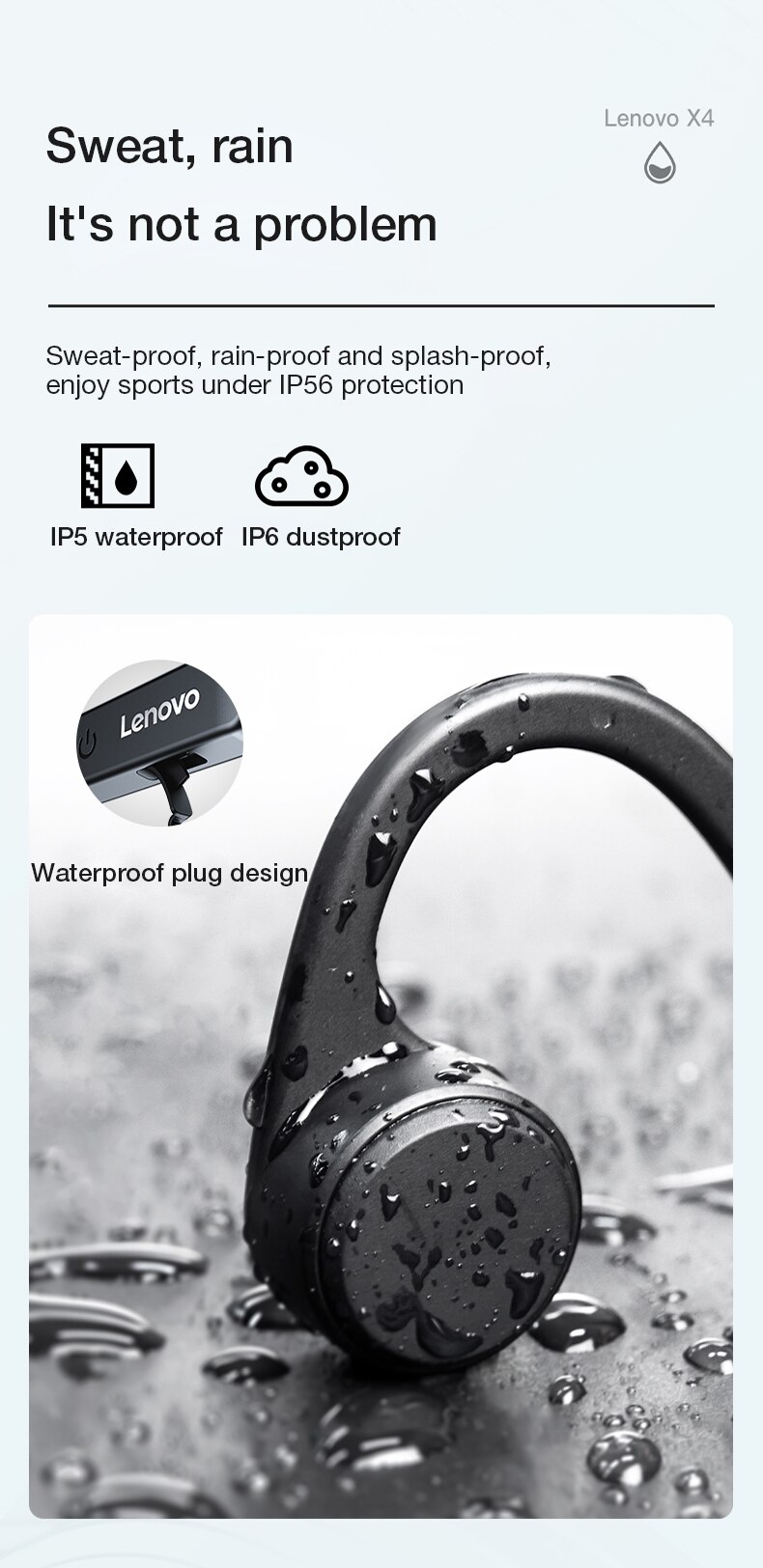 16123-ib6oss Lenovo-auriculares inalámbricos X4 con Bluetooth, cascos deportivos de conducción ósea, IPX5 resistentes al agua, batería de 2021 mAh, modo de reposo largo, 150