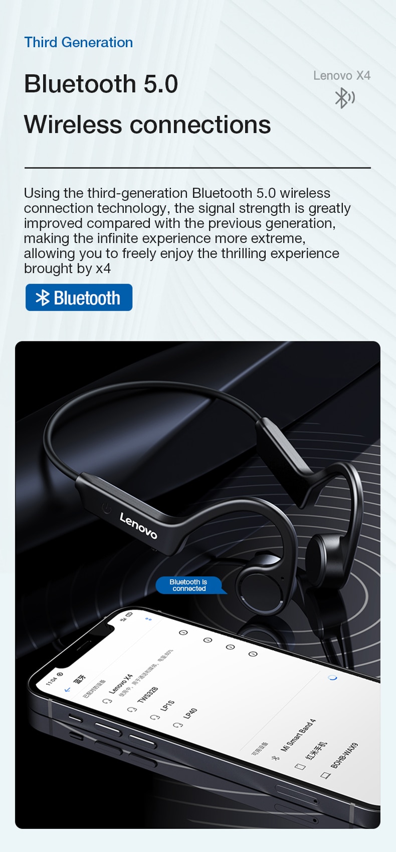16123-xqrnbn Lenovo-auriculares inalámbricos X4 con Bluetooth, cascos deportivos de conducción ósea, IPX5 resistentes al agua, batería de 2021 mAh, modo de reposo largo, 150