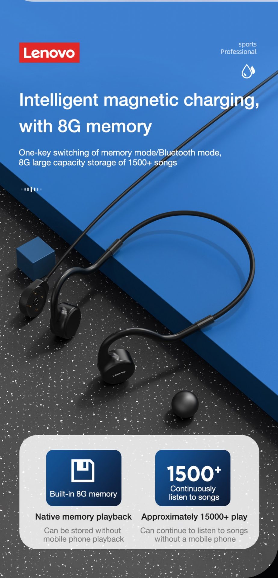 16144-bmulca Lenovo-auriculares inalámbricos X5 de conducción ósea, cascos deportivos para correr, IPX8 impermeables, Bluetooth, almacenamiento de 8GB con micrófono