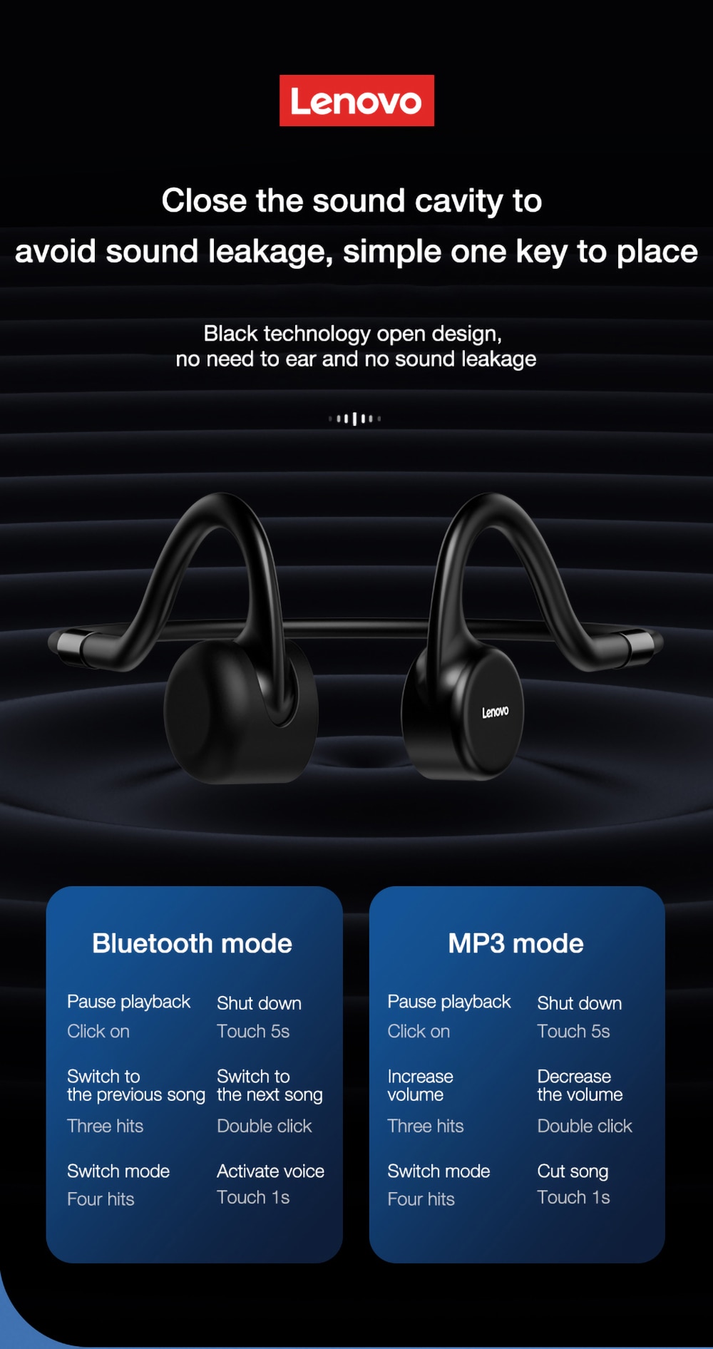 16144-oxyklq Lenovo-auriculares inalámbricos X5 de conducción ósea, cascos deportivos para correr, IPX8 impermeables, Bluetooth, almacenamiento de 8GB con micrófono