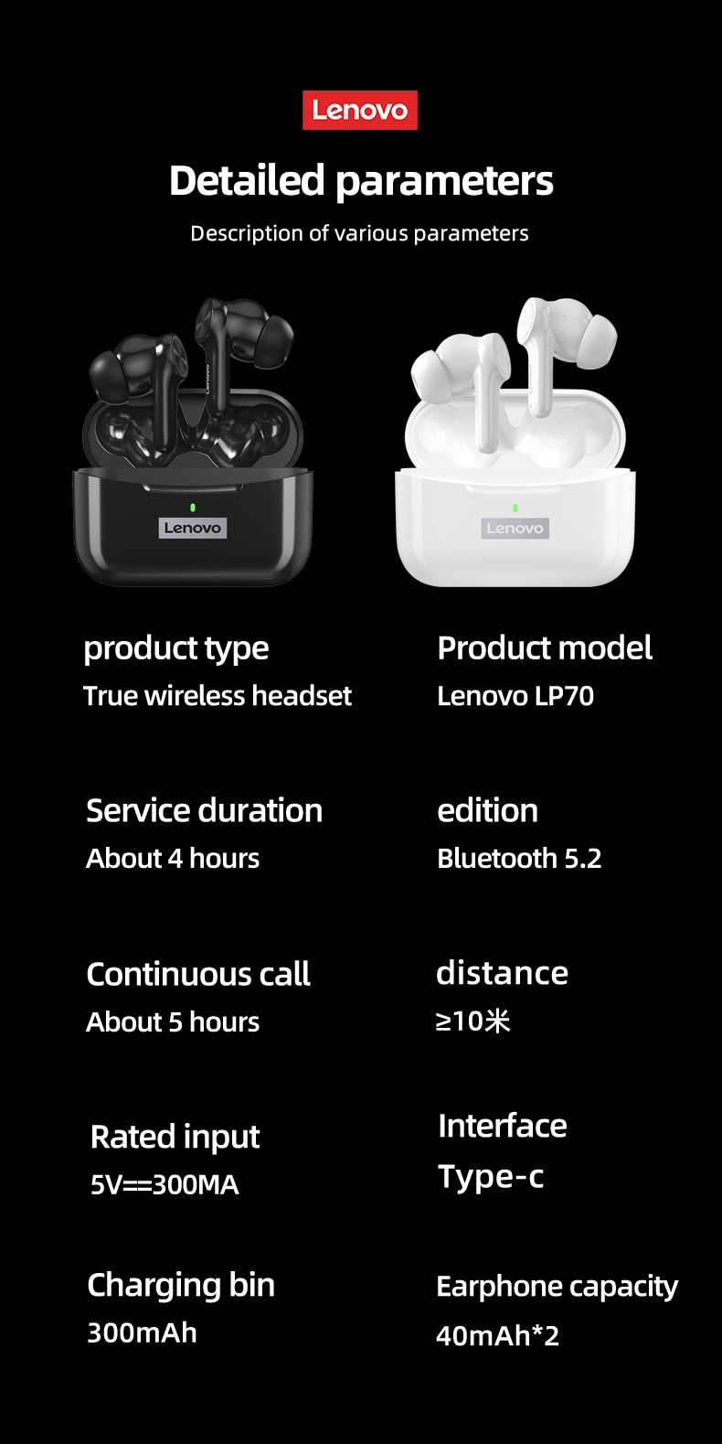 16150-ylggxk Lenovo-auriculares inalámbricos LP70 ANC TWS, cascos con Bluetooth 5,2, cancelación de ruido, sonido HIFI, con micrófono, manos libres