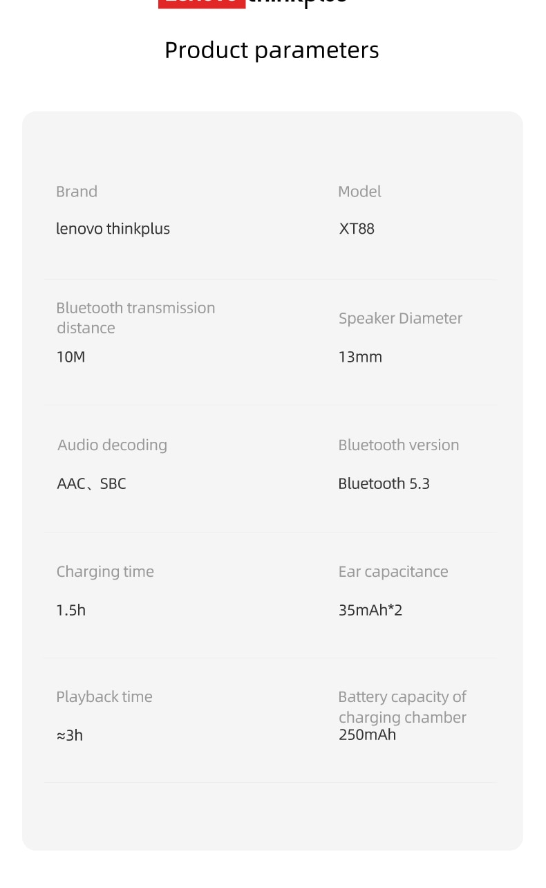 16362-zuqujt Lenovo-auriculares inalámbricos XT88 TWS, cascos con Bluetooth 5,3, estéreo Dual, reducción de ruido, bajos, Control táctil, modo de espera largo, originales, nuevos