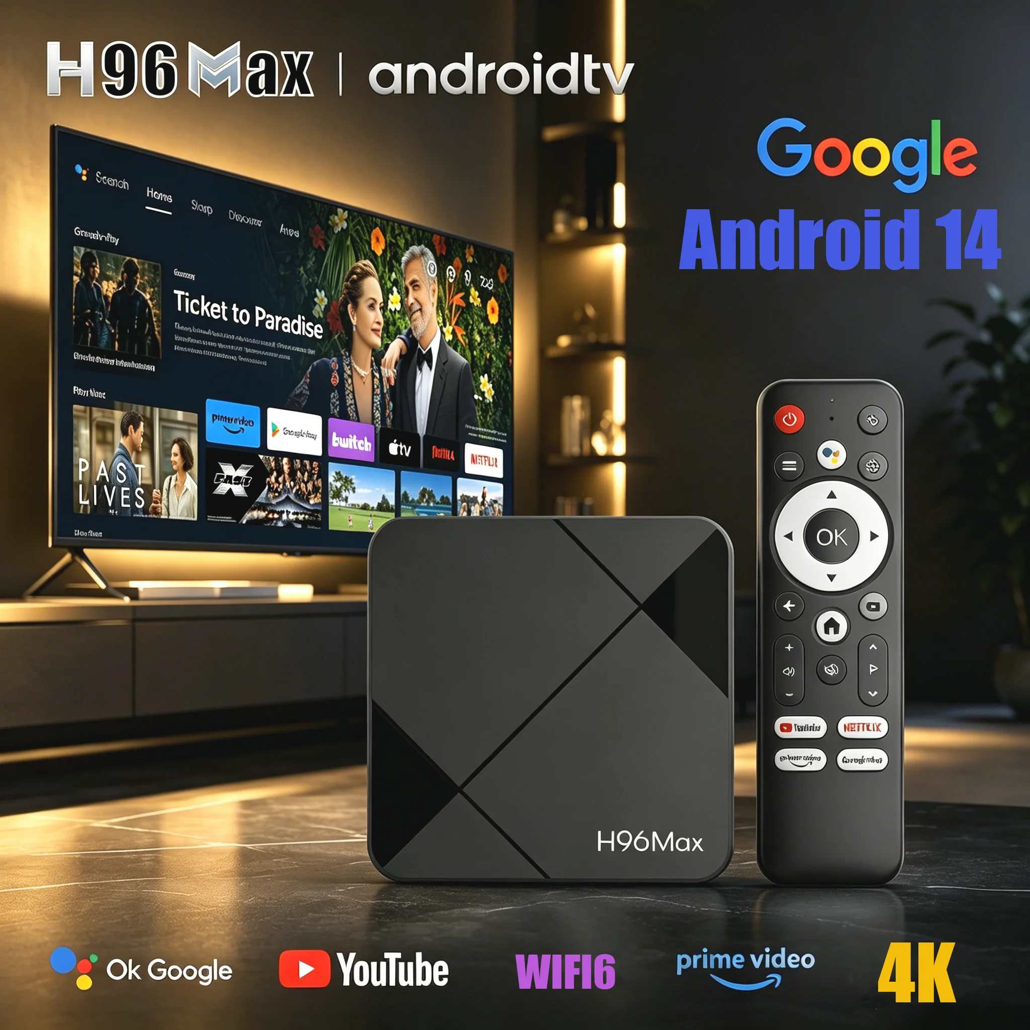 H96Max RK3518 4K TV Box Android 14 Quad Core WiFi6 BT5.4 Google Voice Assistant with New Geometric Lens Design Set Top Box