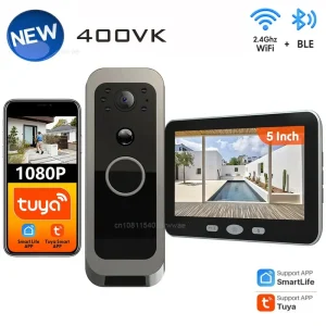 Tuya Wireless Video Doorbell Outdoor 5' Sreen Smart Life Intercom Battery in- PIR motion 2.4G WiFi, Two-Way Talk, Night Vision