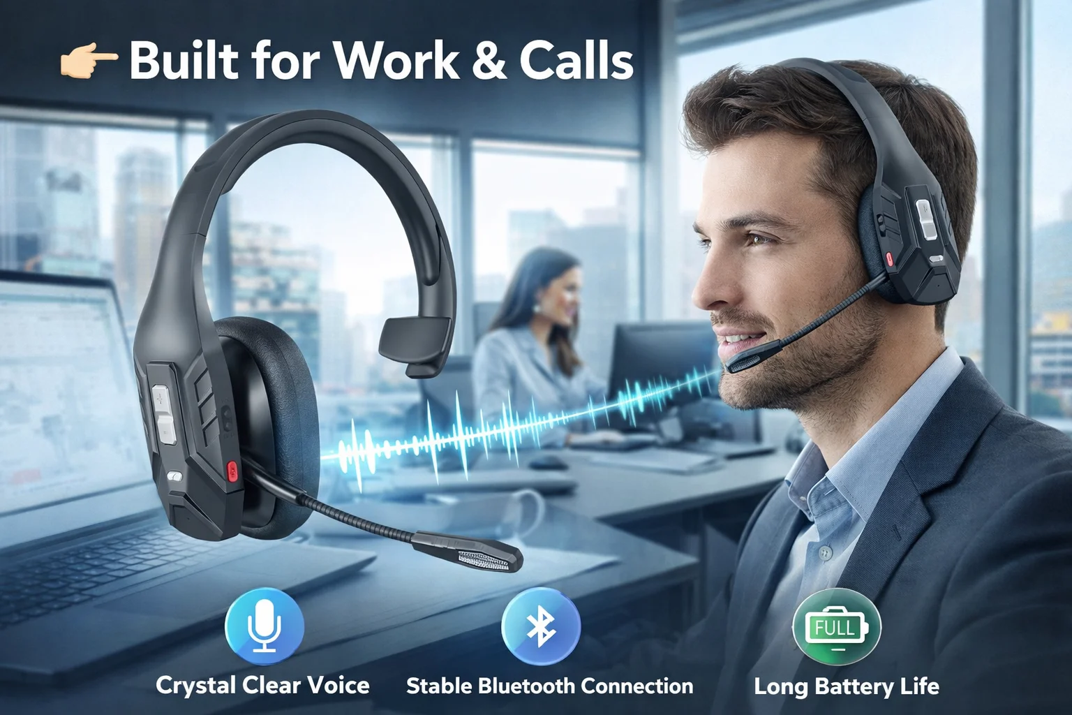 Trucker Bluetooth Headset,Wireless Headset with Mic, Call Center Headset,Bluetooth Headsets with Dual Noise Cancelling - Image 2